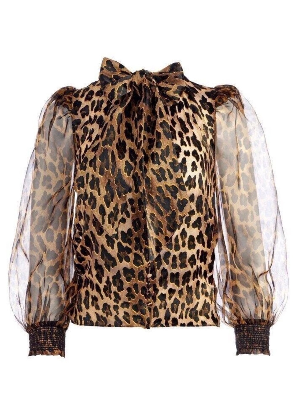 Alice + Olivia Leopard Bow-Tie Sheer Puff Sleeve Blouse - Brown/Black